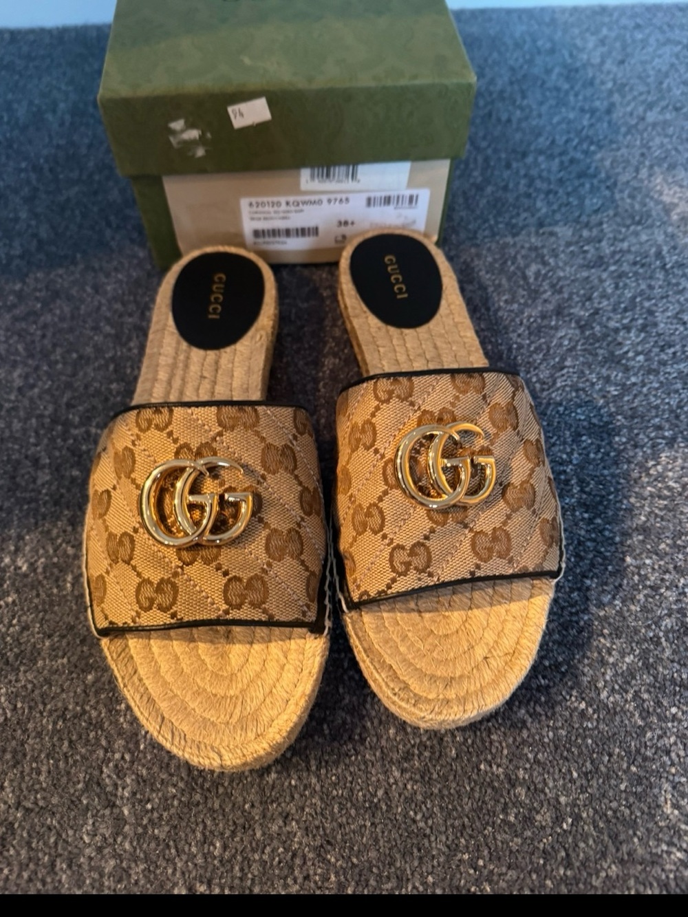 Gucci Tan GG Canvas Slide Sandals with Gold Logo